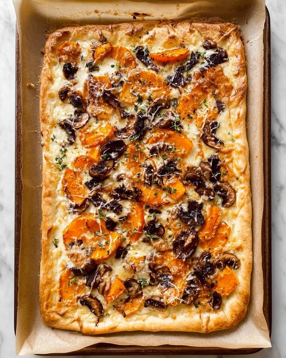 A rectangular pizza with a golden brown crust that is slightly puffy and flaky around the edges, sitting on a baking sheet lined with light brown parchment paper. The top layer has a mix of bright orange roasted pumpkin slices and dark brown mushrooms scattered evenly across the surface. Underneath, there is a layer of melted white cheese that is slightly bubbly and covers almost the entire pizza. The base is a light beige dough that looks soft yet crisp. Small green herb bits are sprinkled lightly over the top. The photo is taken on a white marbled surface. photo taken with an iphone --ar 4:5 --v 7