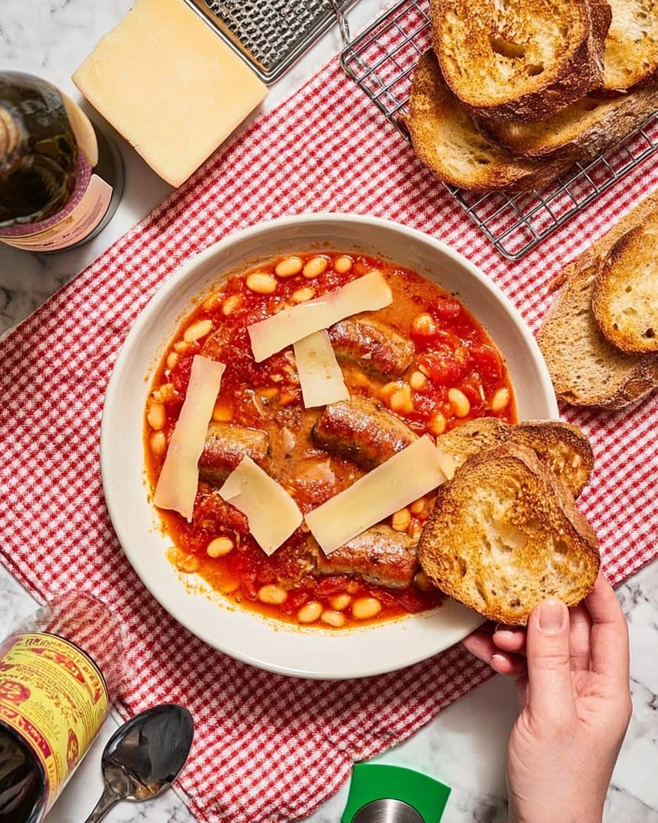 A white bowl filled with a thick red tomato soup that has chunks of white beans and pieces of sausage in it. On top, there are thin, uneven slices of light beige cheese scattered over the soup. A woman's hand is pouring green olive oil from a dark green glass bottle into the bowl. Around the bowl, there are several pieces of toasted brown bread with visible seeds, placed on a white wire rack and on a white marbled surface. A small piece of pale yellow cheese and a green peeler lie near the bottom right corner. A silver spoon rests near another slice of toasted bread on the white marbled surface. The background shows a red and white checked cloth. photo taken with an iphone --ar 4:5 --v 7