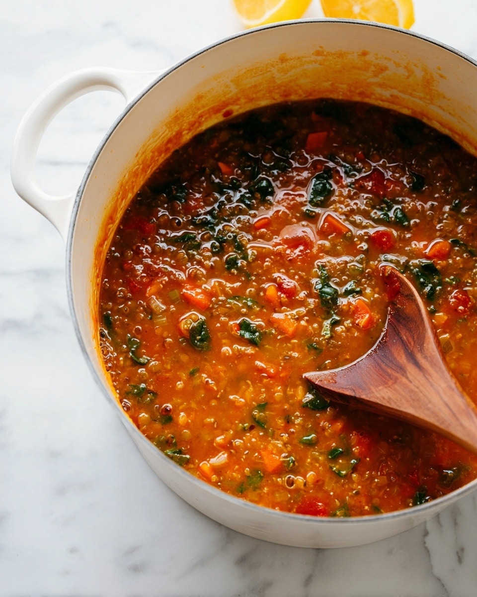 A large white pot filled with thick vegetable soup showing three main layers: a top layer with a reddish-orange broth mixed with visible pieces of green leafy vegetables, diced orange carrots, and small bits of red tomatoes; a middle layer of soft, well-cooked vegetables and lentils that create a chunky texture; and a thin layer of foam residues along the edge of the pot. A wooden spoon with a smooth surface is partially dipped in the soup, resting on the right side of the pot. The pot sits on a white marbled surface, with two lemon halves blurred in the background. photo taken with an iphone --ar 4:5 --v 7