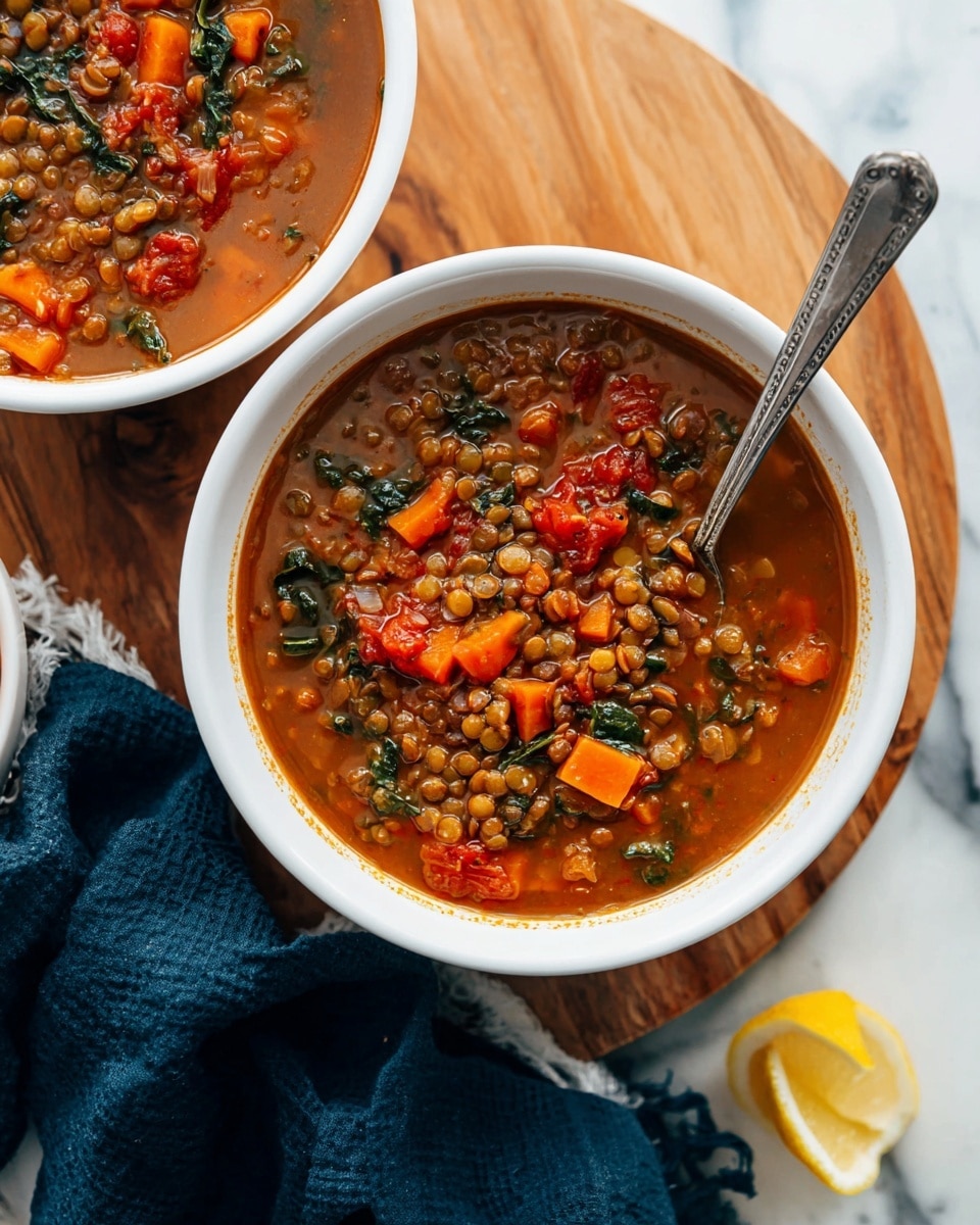 Two white bowls filled with lentil soup sit on a round wooden board over a white marbled surface. The soup has a thick brownish-red broth with visible layers of orange carrot pieces, green leafy vegetables, light brown lentils, and red diced tomatoes mixed throughout. One bowl is closer to the viewer with a silver spoon resting inside, showing the chunky texture of the soup. A dark blue cloth napkin is partly under the bowls, and a halved lemon is visible on the bottom right corner. Photo taken with an iphone --ar 4:5 --v 7