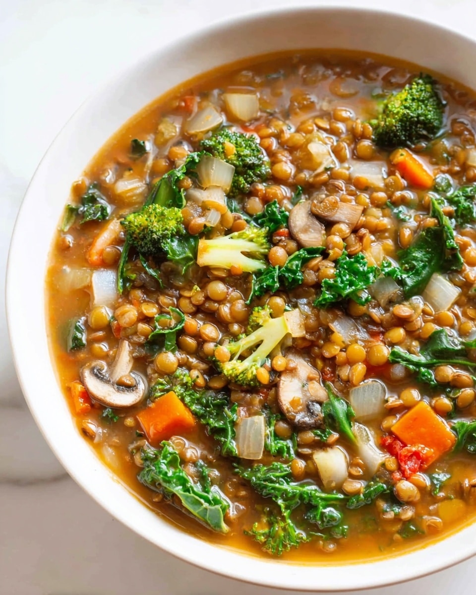 A close-up view of a white bowl filled with a colorful lentil vegetable soup. The soup has many layers: small round light brown lentils scattered throughout, bright green leafy kale and parsley pieces, chunks of broccoli with a green and yellow mix, small bits of orange carrot, white cabbage pieces, and sliced mushrooms with beige and dark brown textures. The broth is thin and golden-brown, with some red specks from spices or tomato. A silver spoon is partially visible on the right side, resting inside the bowl. The bowl sits on a white marbled surface, with some soup splashes around the edge. Photo taken with an iphone --ar 4:5 --v 7