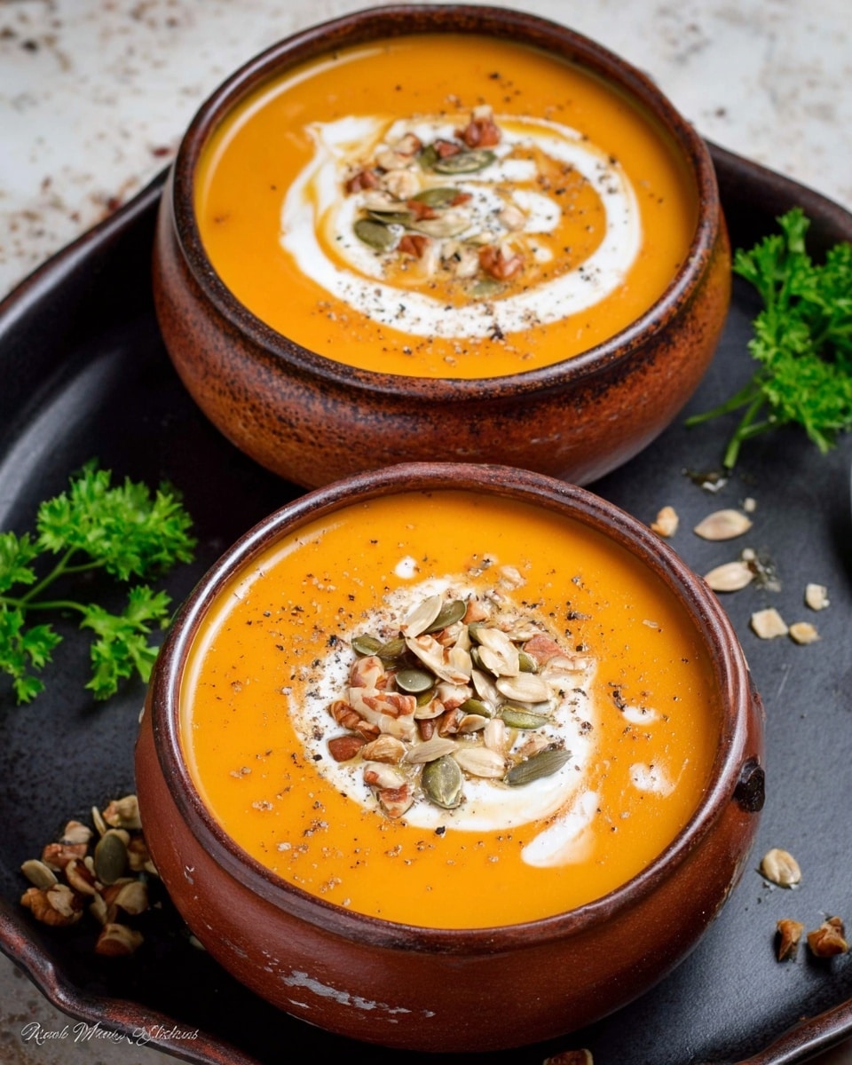 Two brown rustic bowls with handles are filled with smooth orange soup, each topped with a dollop of white cream swirled lightly and sprinkled with toasted seeds that add a crunchy texture. The bowls rest on a dark metal tray, with scattered seeds and a small bunch of fresh green parsley to the side. The background is a white marbled texture. photo taken with an iphone --ar 4:5 --v 7