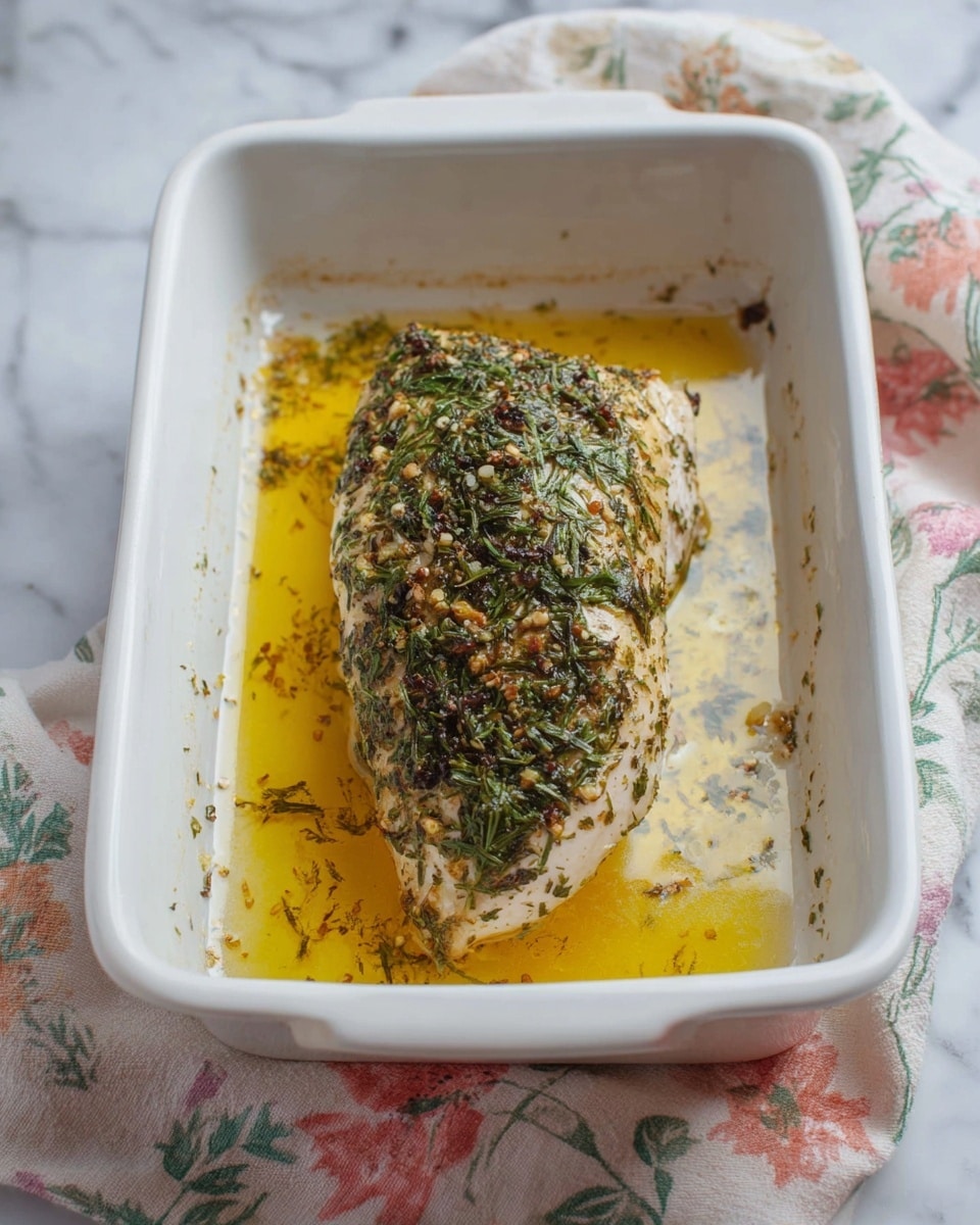 The image shows a white plate with slices of cooked chicken arranged in a curved line on the left side, each piece light beige with herbs and small orange bits on top, and a light drizzle of oil around them. To the right of the chicken, there is a scoop of creamy mashed potatoes mixed with green herbs, adding splashes of green to the pale yellow. A sprig of fresh green herbs lies near the bottom edge of the plate, and a silver fork rests on the left side near the chicken. The plate is set on a white marbled surface. Photo taken with an iphone --ar 4:5 --v 7