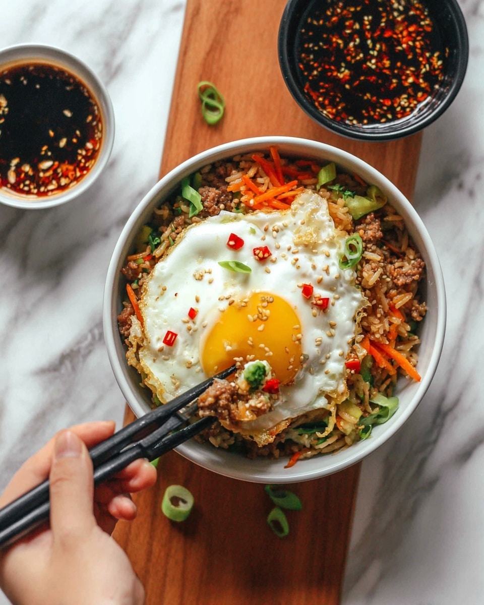 Two white bowls sit on a white marbled surface. The first bowl has a base layer of fried rice mixed with green onions, carrots, and red chili slices, topped with a sunny-side-up egg with bright yellow yolk and drops of chili oil. The second bowl also holds the fried rice with the same vegetable mix, garnished with green onions and red chili slices without the egg. Around the bowls are whole red chili peppers, garlic cloves, a bunch of green onions, and two small clear glass containers—one with a dark soy-like sauce and the other with chili sauce and a spoon. Photo taken with an iphone --ar 4:5 --v 7