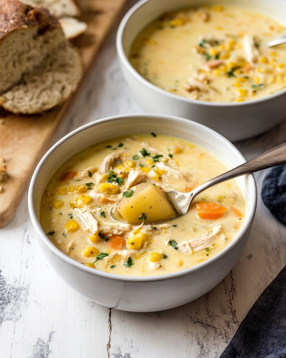 A black cast iron pot filled with creamy soup sits on a white plate over a white marbled surface. The soup has a thick, light beige broth and contains chunks of shredded chicken, orange carrot slices, yellow corn kernels, and small round pieces of potato. Fresh green parsley leaves are scattered on top, adding color contrast. A metal ladle is partially submerged in the soup, resting on the edge of the pot. A brown cloth is casually placed beside the pot. photo taken with an iphone --ar 4:5 --v 7