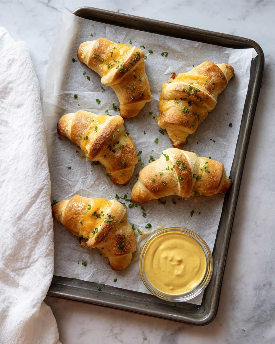 This image shows six baked crescent rolls on parchment paper over a grey baking tray, placed on a white marbled surface with a white cloth nearby. Each crescent roll has a golden-brown crust with some melted cheese visible where the dough folds open slightly. The rolls are sprinkled with small green herbs, adding a fresh touch. In the center bottom of the tray, there is a small clear glass bowl filled with smooth yellow mustard sauce, with one crescent roll close to the bowl having mustard slightly oozing out. The crescent rolls are arranged loosely in a semi-circle pattern around the bowl. Photo taken with an iphone --ar 4:5 --v 7