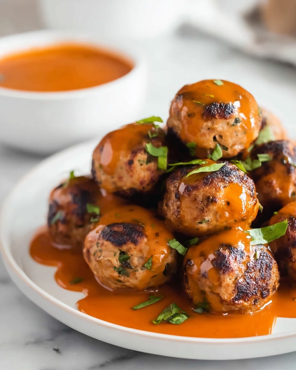 A white plate holds a pile of round meatballs with a browned, grilled outside and a lightly textured surface showing bits of herbs inside. Each meatball is coated with a shiny, thick, orange sauce that drips down the sides. Small green herb leaves are scattered over the top, adding a fresh pop of color. In the background, there is a blurred white bowl containing more of the orange sauce. The scene is set on a white marbled surface with soft lighting highlighting the glossiness of the sauce. photo taken with an iphone --ar 4:5 --v 7