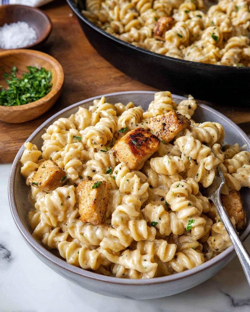 A dark round pan filled with creamy, light brown macaroni pasta is the main focus. Mixed within the pasta are medium-sized golden brown cooked chicken pieces scattered mostly in the center. On top of the chicken pieces in the middle, there is a small pile of finely shredded white cheese sprinkled with small bits of green herbs. A silver spoon is placed inside the pan on the left side, partially under the pasta. Around the pan, there are small bowls with finely chopped green herbs and grated cheese on a white marbled surface. A bunch of fresh green parsley lies to the right side near the edge of the pan, and a beige cloth is partly visible in the bottom right corner. Photo taken with an iphone --ar 4:5 --v 7