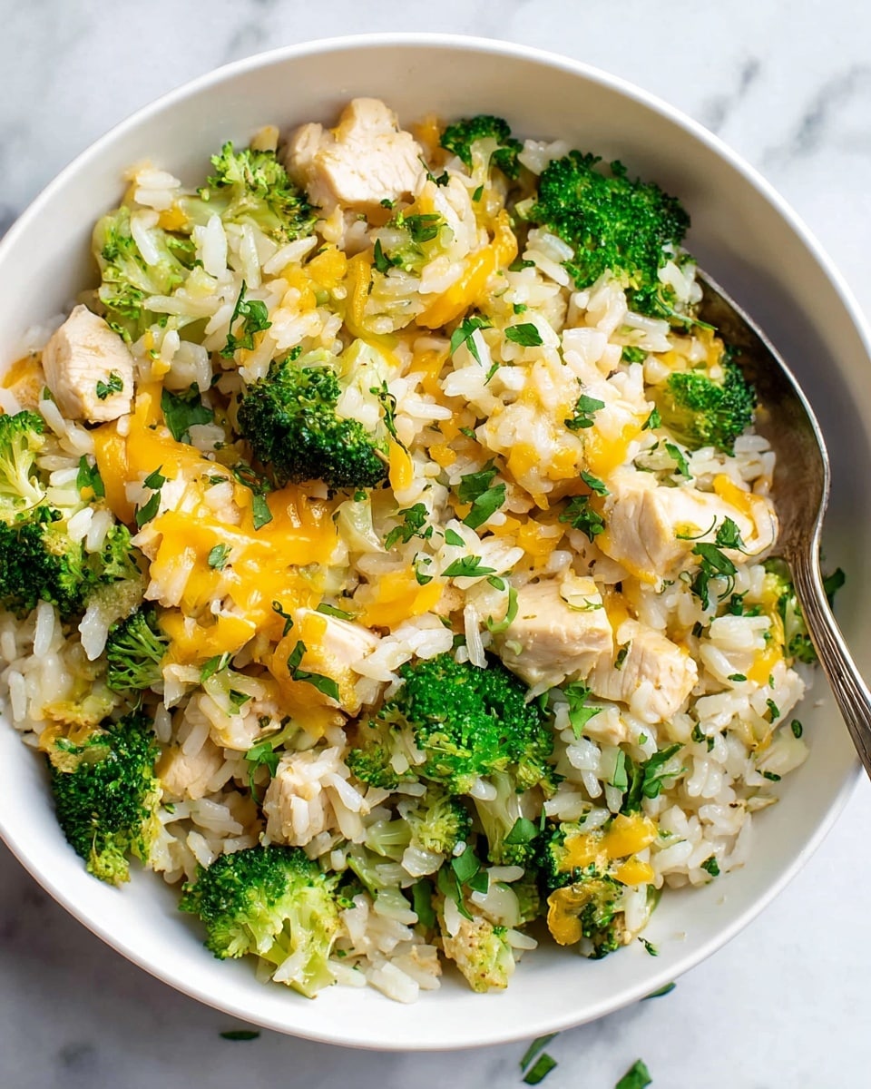 In a large white skillet, there is a colorful mix of three main layers: at the bottom, a layer of light brown cooked rice; on top of the rice, bright green broccoli florets and small pieces of light-colored cooked chicken scattered evenly; the uppermost layer is melted bright orange cheese drizzled all over, with some small green chopped herbs sprinkled on top. The skillet is on a white marbled surface with some extra chopped herbs and cheese scattered around, and a gray cloth visible on the side. A black serving spoon is resting inside the skillet. Photo taken with an iphone --ar 4:5 --v 7