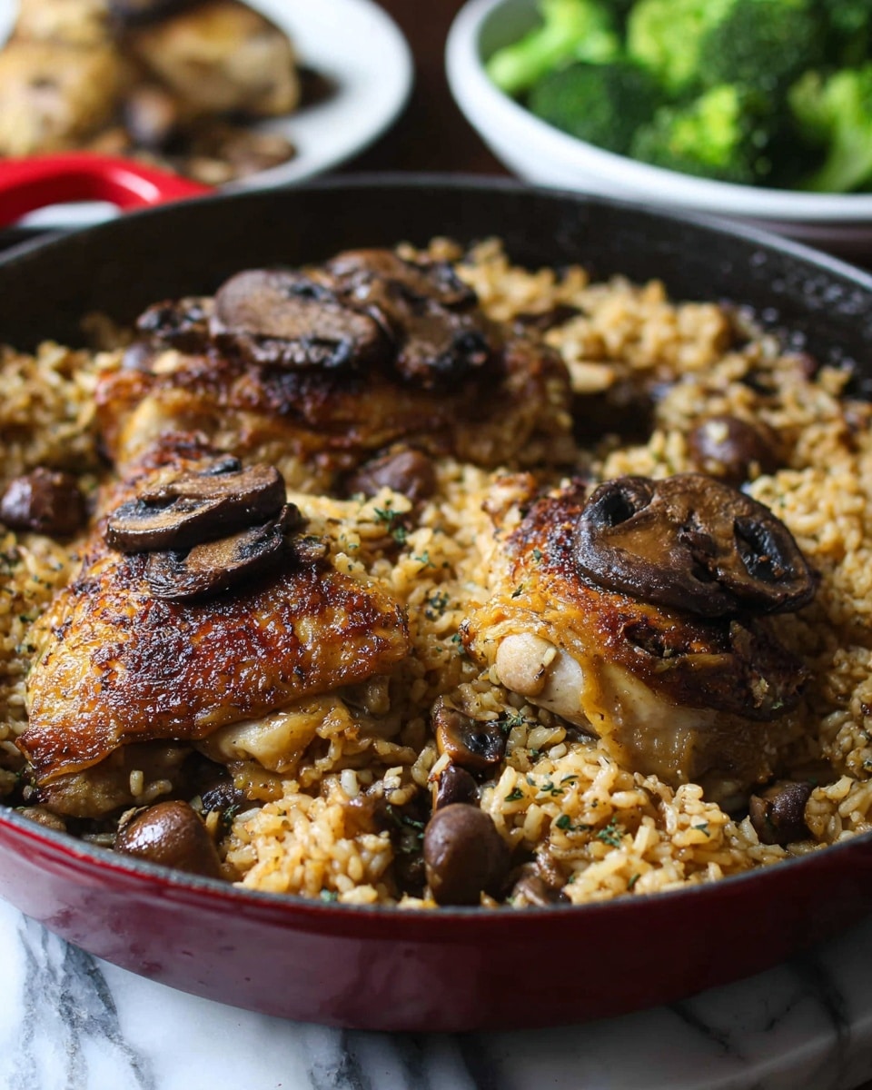 The image shows a close-up of a red cast iron pan filled with a dish made of two large golden-brown cooked chicken pieces placed on top of a bed of rice mixed with sautéed mushrooms. The rice is light brown with a soft, slightly moist texture, and there are whole and sliced browned mushrooms scattered throughout the dish. The chicken pieces have a crispy, well-seasoned skin with browned mushroom slices resting on top. The pan is set on a white marbled surface, and in the blurred background, there is bright green broccoli on a white plate. The photo taken with an iphone --ar 4:5 --v 7