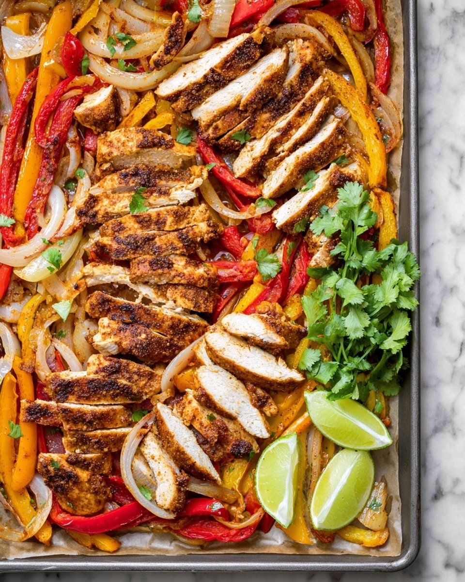 The image shows a large baking tray filled with several layers of cooked food on parchment paper. The bottom layer has roasted red and yellow bell pepper strips mixed with cooked white onion slices and small chunks of cooked tomato, giving a mix of red, yellow, orange, and off-white colors. On top, there are several pieces of grilled chicken, sliced into medium-thick strips with a crispy, browned outside and white inside, spread across the veggies. Two lime wedges are placed near the bottom right corner, bright green and fresh-looking. A small bunch of fresh cilantro with green leaves is placed on the right side, adding a touch of color contrast. The tray sits on a white marbled surface. photo taken with an iphone --ar 4:5 --v 7