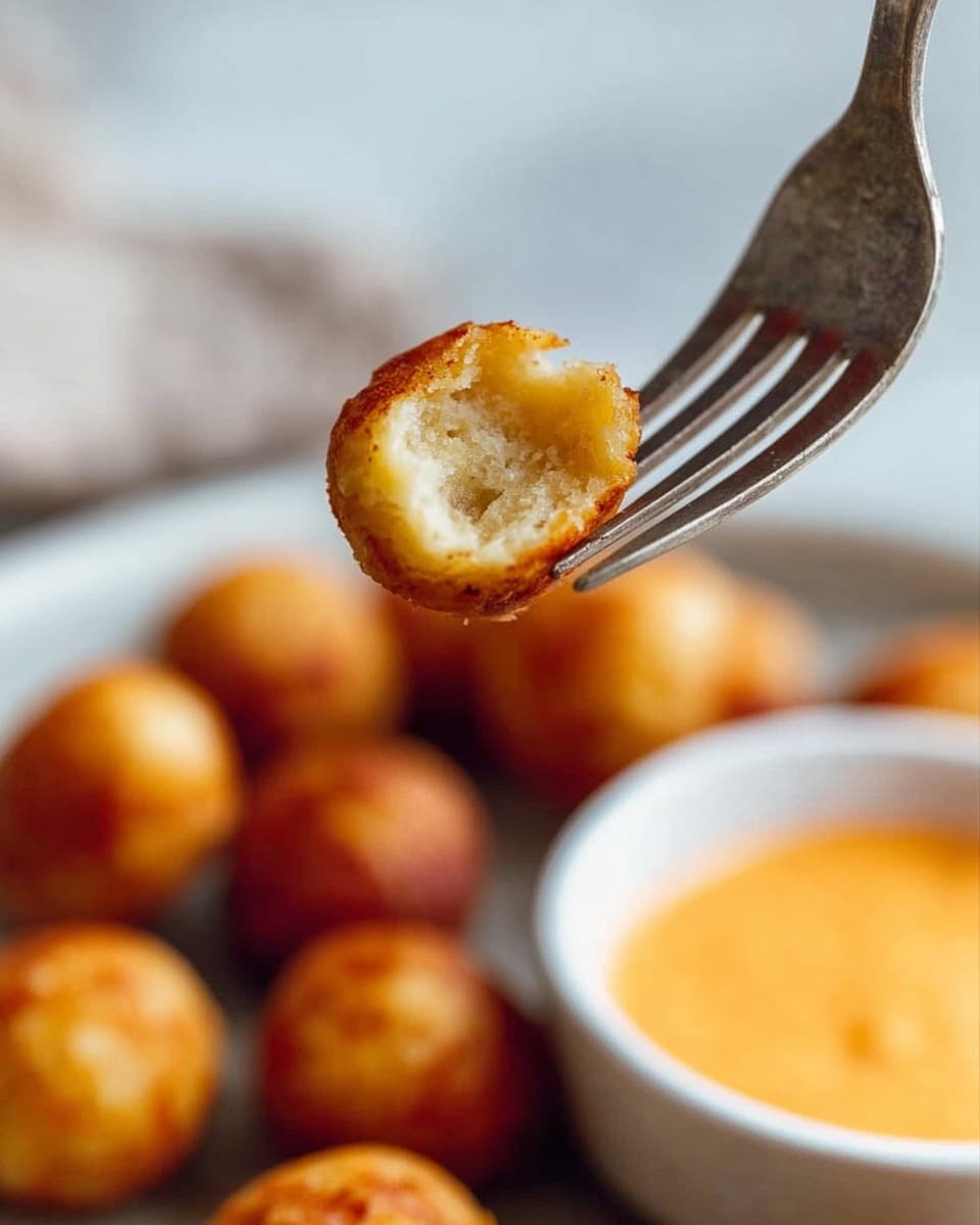 A close-up image shows a golden brown small round snack pierced by a fork above a white marbled surface. The snack is soft and fluffy inside, with a shiny, slightly crispy outer layer. More of these round snacks are spread out on the white marbled surface below, blurred out in the background. To the right, a white bowl filled with creamy orange dipping sauce is partly visible. The lighting gives a warm, inviting look to the scene. photo taken with an iphone --ar 4:5 --v 7