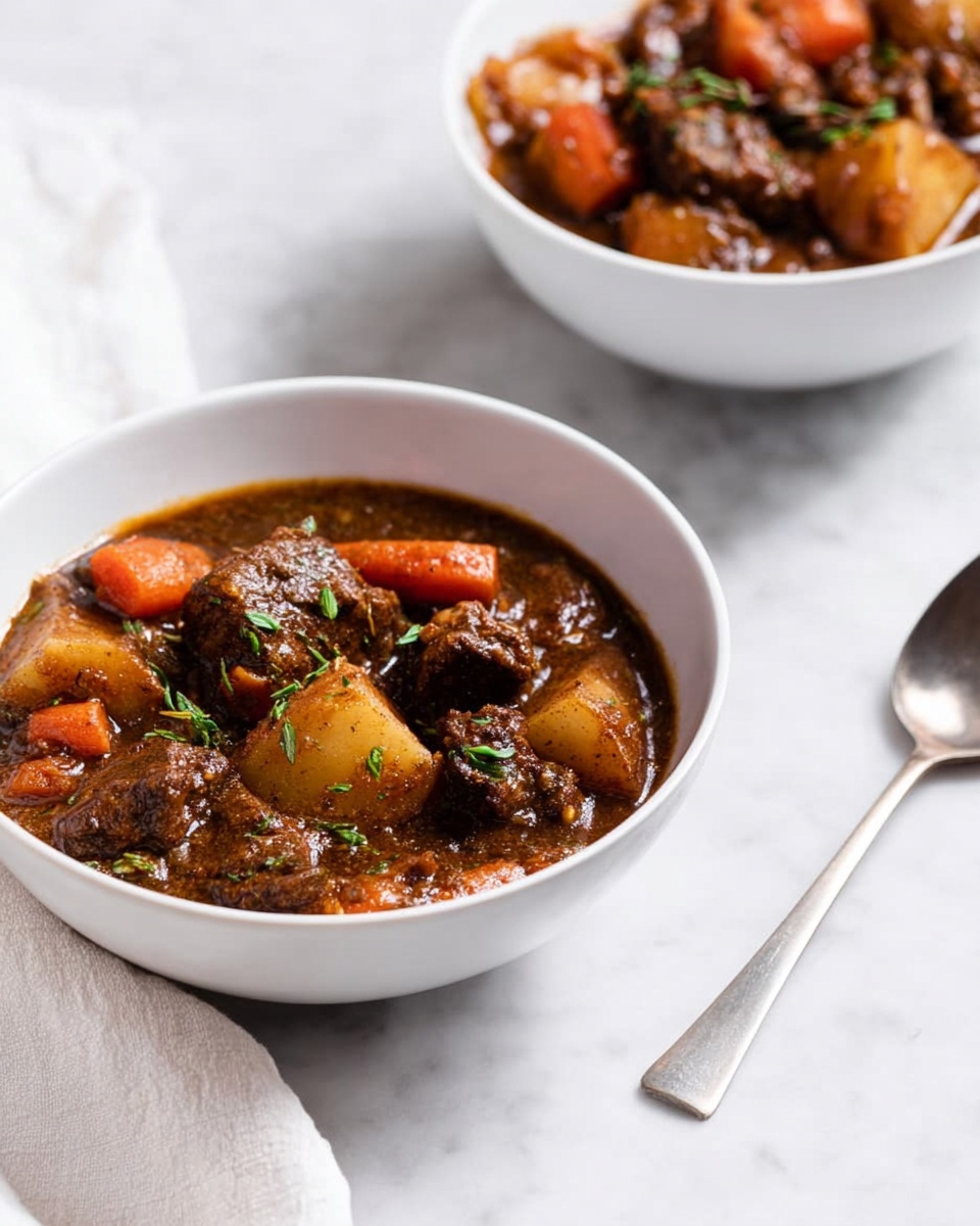 The image shows two white bowls filled with a thick brown stew featuring visible chunks of dark brown meat, orange carrots, and light brown potato pieces scattered throughout the rich gravy layer. The stew in the front bowl glistens under soft light, with small green herb sprigs sprinkled on top adding a touch of color contrast. A silver spoon rests on the white marbled surface beside the front bowl, and a white cloth is softly draped in the bottom left corner of the image, adding texture to the simple setup. Both bowls sit on a white marbled background, emphasizing the warm, earthy colors of the stew. Photo taken with an iphone --ar 4:5 --v 7