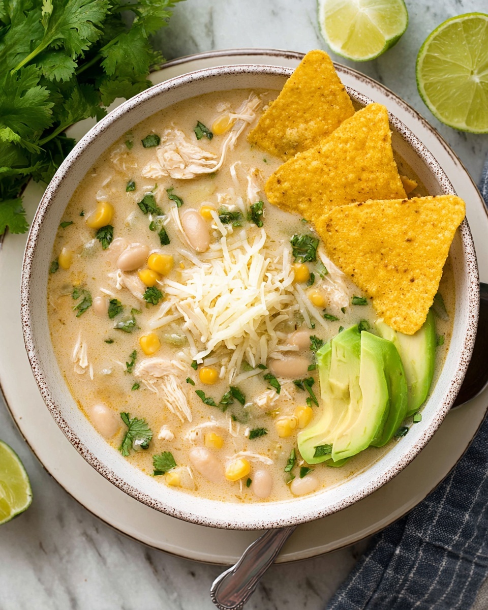 A white speckled bowl filled with creamy chicken and corn soup that has visible shredded white chicken pieces, white beans, yellow corn, and green cilantro leaves mixed inside a light beige broth. On top of the soup, there are three yellow tortilla chips placed on one side, a small heap of shredded white cheese in the center, a fan of green avocado slices on the left, and a lime wedge near the avocado. The bowl sits on a white plate with a spoon to the side and is placed on a white marbled textured surface with a bunch of cilantro leaves and extra avocado pieces nearby. photo taken with an iphone --ar 4:5 --v 7