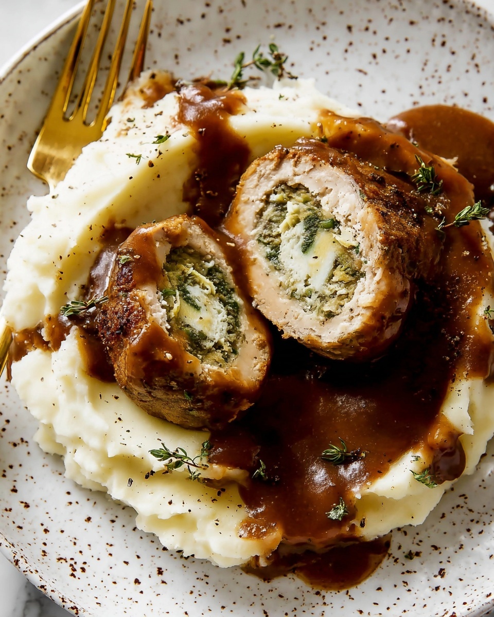 A white plate holds a layer of fluffy white mashed potatoes spread as the base. On top, there are three round, brown meatballs, one cut in half showing a light greenish-yellow inside with herbs and a crumbly texture. Thick brown gravy is being poured over the meatballs and mashed potatoes from a small rustic pitcher, creating a glossy coating. Small green herb sprigs are sprinkled on the meatballs and around the plate. A gold fork rests on the bottom left corner of the plate. The background surface is a white marbled texture. photo taken with an iphone --ar 4:5 --v 7