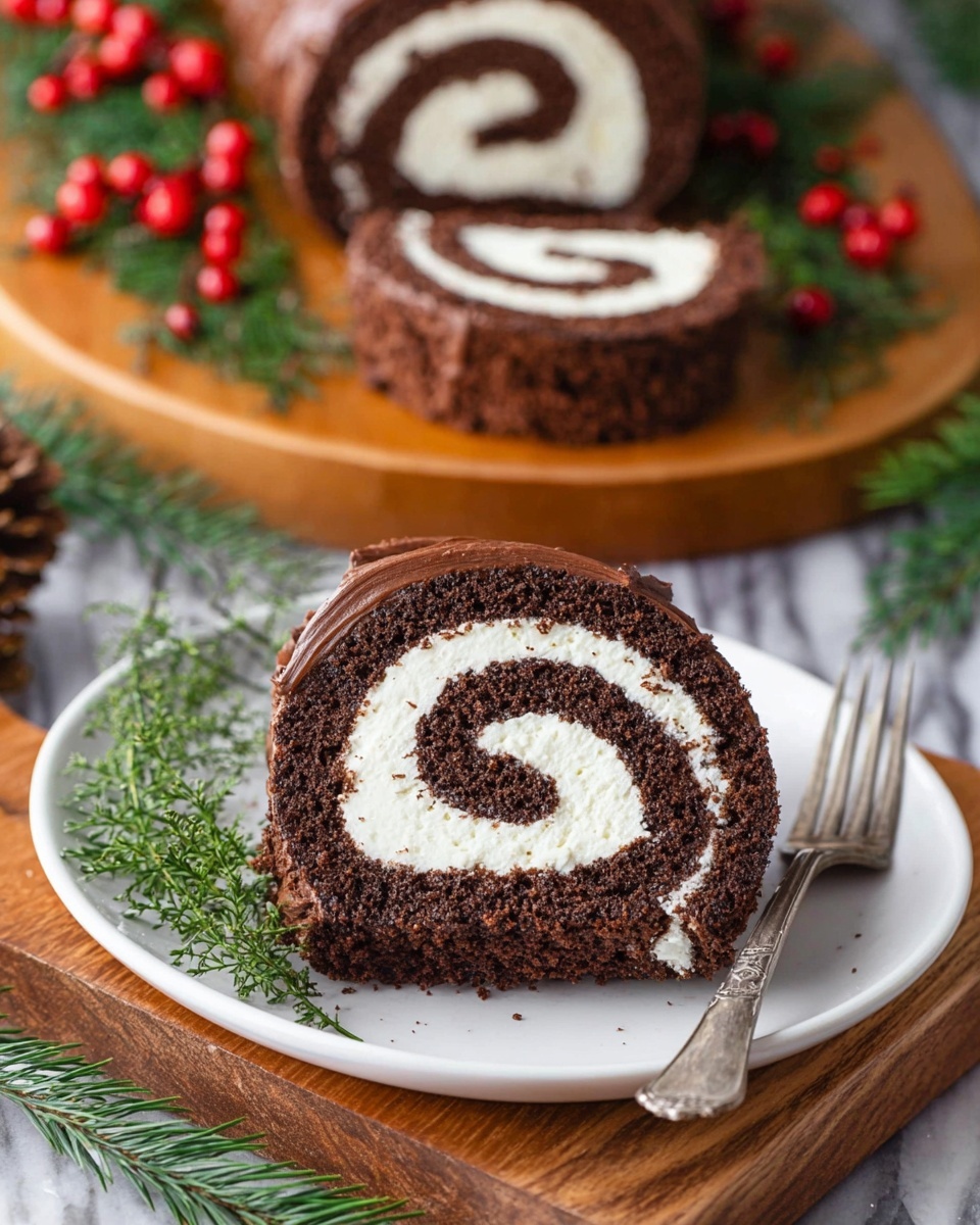 A single slice of chocolate roll cake sits on a white plate, showing three distinct layers: a dark chocolate cake outer layer with a rough texture, a smooth white cream layer spiraled evenly inside, and a thicker chocolate frosting layer on the outside all around. The plate also has a silver fork resting on the right side and a green rosemary sprig placed on the left side. In the background, part of the whole chocolate roll cake is visible standing on a wooden board, decorated with red berries and green pine sprigs on a white marbled surface. Photo taken with an iphone --ar 4:5 --v 7