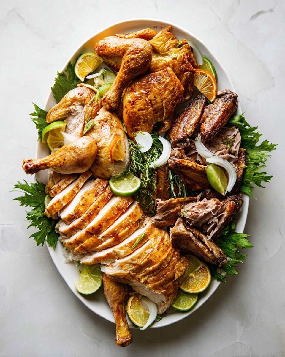 A large white oval plate holds a whole cooked chicken broken down into pieces. The bottom layer shows two sliced chicken breasts with a golden-brown, slightly crispy skin, arranged side by side. On top of and next to them are two browned chicken drumsticks placed near the top center. To the right side are pulled pieces of darker meat, showing rough and tender texture. Two cooked chicken wings rest near the bottom right of the plate. White onion slices and green lime halves are scattered across the chicken pieces, with a few orange wedges adding bright pops of color. Green herb sprigs and leafy greens decorate the edges of the plate. The plate sits on a smooth white marbled surface. photo taken with an iphone --ar 4:5 --v 7