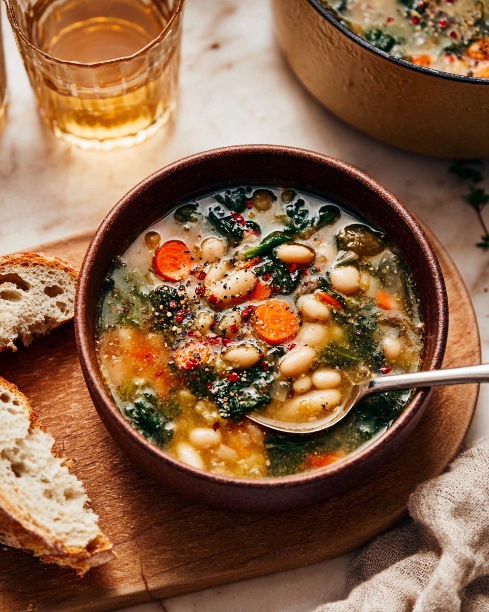 A brown bowl filled with clear soup contains white beans, bright orange carrot slices, and green leafy herbs, topped with sprinkled black pepper and red chili flakes. A silver spoon rests inside the bowl on the right, with some soup wet on its edge. The bowl is placed on a wooden board, with a slice of crusty white bread to the left outside the bowl. Behind the bowl, there is a glass with light brown liquid and a blurred pot with similar soup. The surface under the board has a soft beige textured fabric pattern. The whole setup is on a white marbled surface photo taken with an iphone --ar 4:5 --v 7