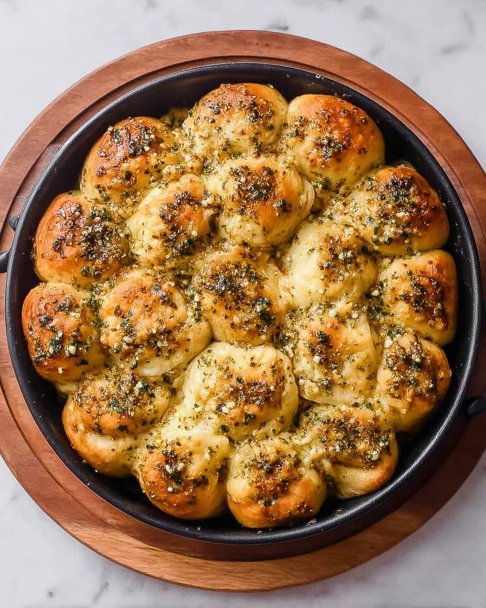 The image shows a close-up of several golden-baked garlic knot rolls arranged closely together on a round wooden board. Each roll is twisted into a knot shape with a slightly crispy, browned surface speckled with green herbs and small bits of garlic. The texture looks soft inside with a lightly toasted outer layer. The background is blurred with warm tones, and the whole scene is set on a white marbled surface. photo taken with an iphone --ar 4:5 --v 7