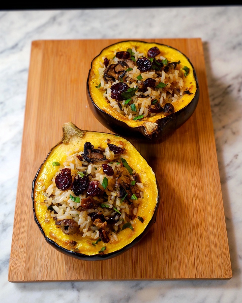 Two roasted yellow eggplant halves serve as a base, each hollowed to create a bowl-like shape with a slightly browned, soft yellow interior and a dark purple skin around the edges. Inside, a filling of cooked white rice mixed with small pieces of brown mushrooms, dark red dried cranberries, and green herbs fills the cavity, showing a mix of natural textures and colors. The dish is presented on a light wooden board with a smooth texture, set against a white marbled surface. photo taken with an iphone --ar 4:5 --v 7