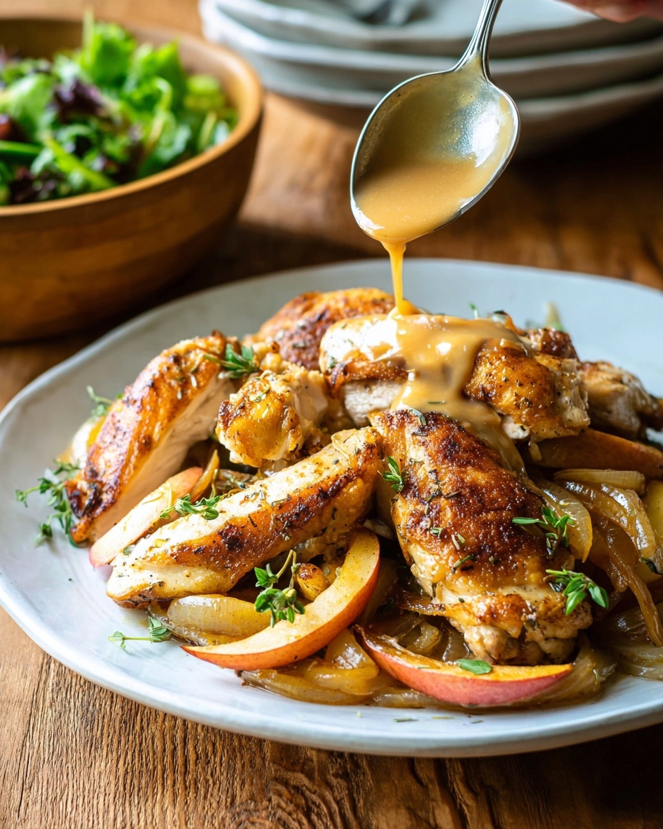 A white plate holds six pieces of golden-brown cooked chicken, arranged in layers with slices of soft, pinkish-red apple and caramelized onions underneath and around them. The chicken pieces vary in size and shape, showing a textured, crisp skin with small green herb leaves sprinkled on top. A silver spoon held by a woman's hand is pouring smooth, light-brown sauce over the chicken and apples, with some sauce dripping down. The plate is on a wooden surface, with a wooden bowl of green salad blurred in the background. photo taken with an iphone --ar 4:5 --v 7