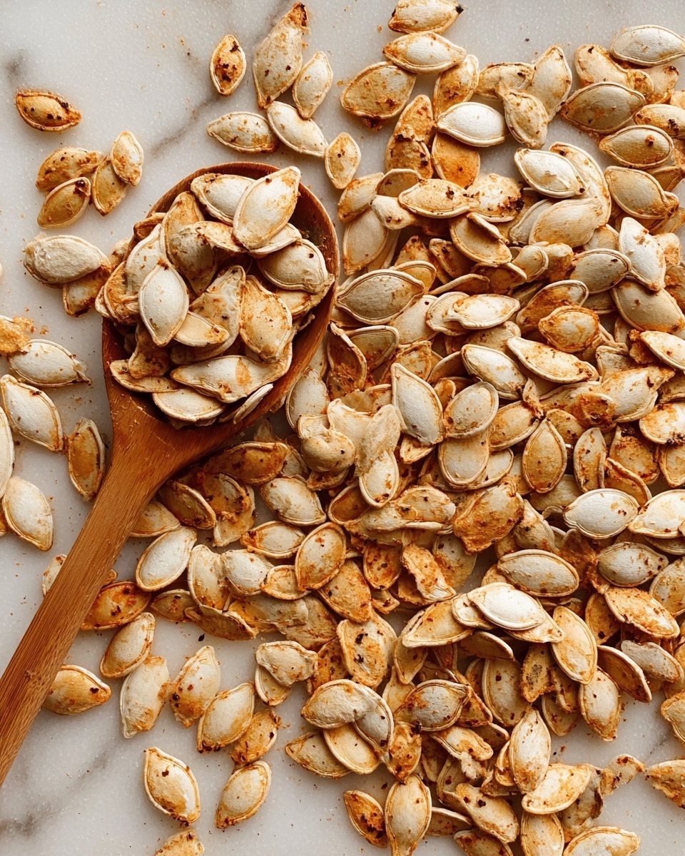 A white baking tray lined with parchment paper is covered with a single layer of toasted pumpkin seeds in light to medium brown shades. On the right side of the tray, a wooden spoon filled with more toasted pumpkin seeds rests, its handle extending out of the tray. The tray is placed on a white marbled surface, and a blue cloth is barely visible in the lower left corner. The toasted seeds have a slightly shiny, smooth texture, showing they are roasted but not burnt. photo taken with an iphone --ar 4:5 --v 7