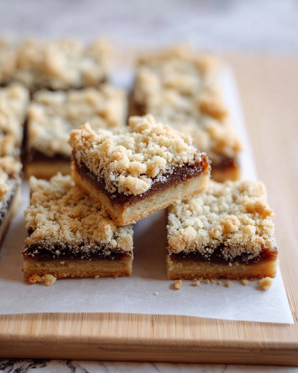 This image shows six square bars resting on white parchment paper on a light wooden surface. Each bar has three layers: the bottom layer is a light golden brown firm base, the middle layer is a dark brown filling that looks rich and dense, and the top layer is a crumbly light golden streusel with a rough texture. One square is slightly pulled away from the group, giving a clear view of the three distinct layers and the rough crumble on top. The background is a white marbled texture. Photo taken with an iphone --ar 4:5 --v 7