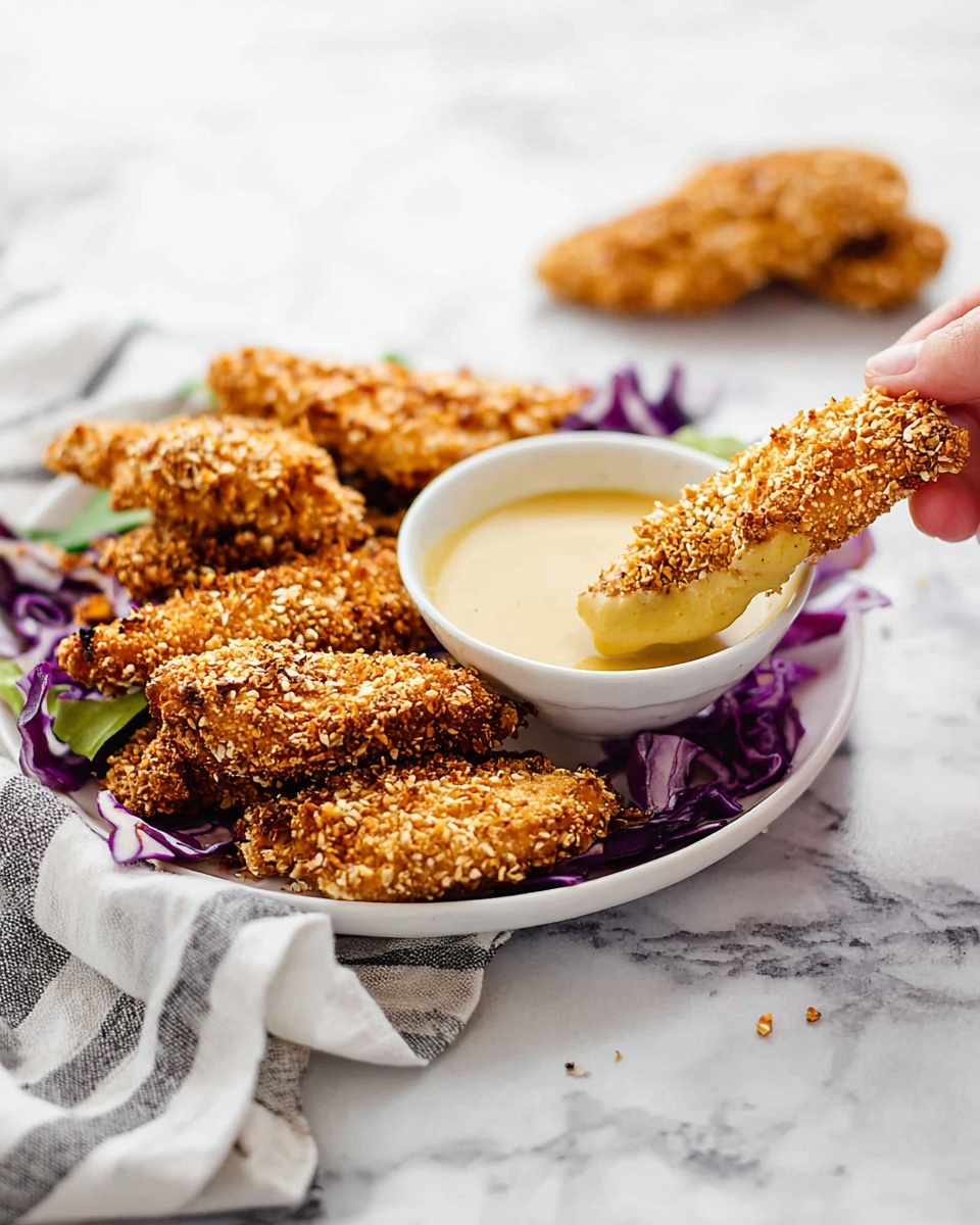 A white plate sits on a white marbled surface with a striped cloth underneath, holding several golden brown, crunchy oat-coated chicken strips. The plate has a small white bowl filled with creamy, light yellow dipping sauce in the middle. One chicken strip is held by a woman's hand, dipped halfway into the sauce. The plate also contains some scattered purple and light green cabbage leaves for garnish. One chicken strip rests on the white marbled surface in the background. The overall look is bright and fresh with a focus on the crunchy texture of the chicken strips. photo taken with an iphone --ar 4:5 --v 7