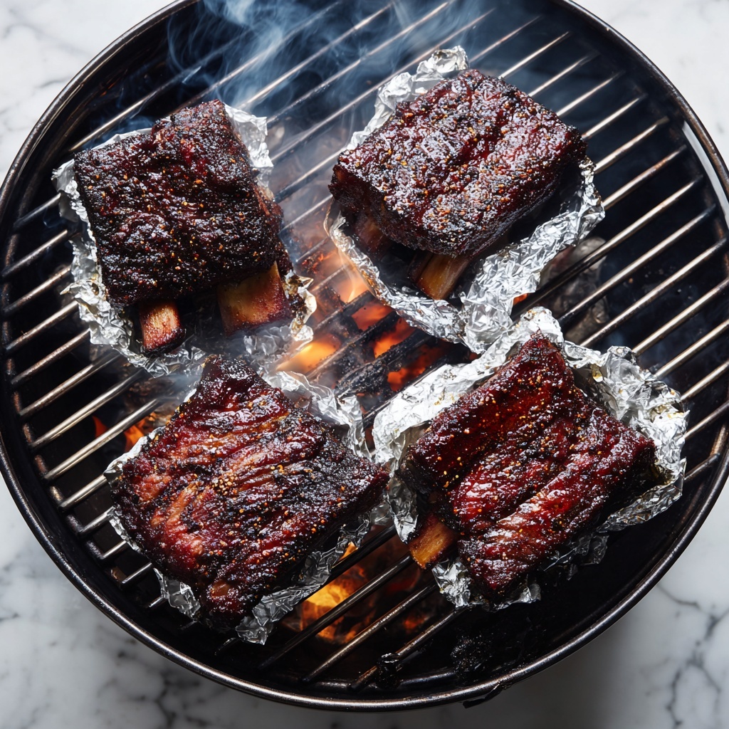 The image shows a white plate holding five pieces of barbecued ribs arranged in a loose pile. Each rib piece is thick and covered in a rich, dark brown shiny sauce with a slightly sticky texture. The ribs have visible charring and a well-cooked crust, giving a rough texture. The sauce glistens under the light, highlighting the glossy surface and darker burn marks on the meat edges. The plate is placed on a white marbled surface with a blue checkered cloth partly visible beneath the plate. Photo taken with an iphone --ar 4:5 --v 7