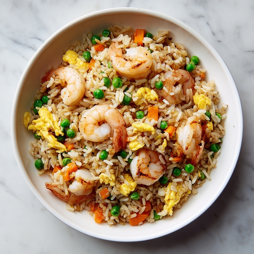 The image shows a black pan filled with shrimp fried rice. The dish has three main layers: the base is made of light brown fried rice mixed with small bright orange carrot cubes and green peas. Scattered on top are soft, yellow scrambled egg pieces and pinkish-orange cooked shrimp, which are plump and curled. The pan sits on a stovetop with a clear view of its black surface and handle, all placed on a white marbled surface. photo taken with an iphone --ar 4:5 --v 7