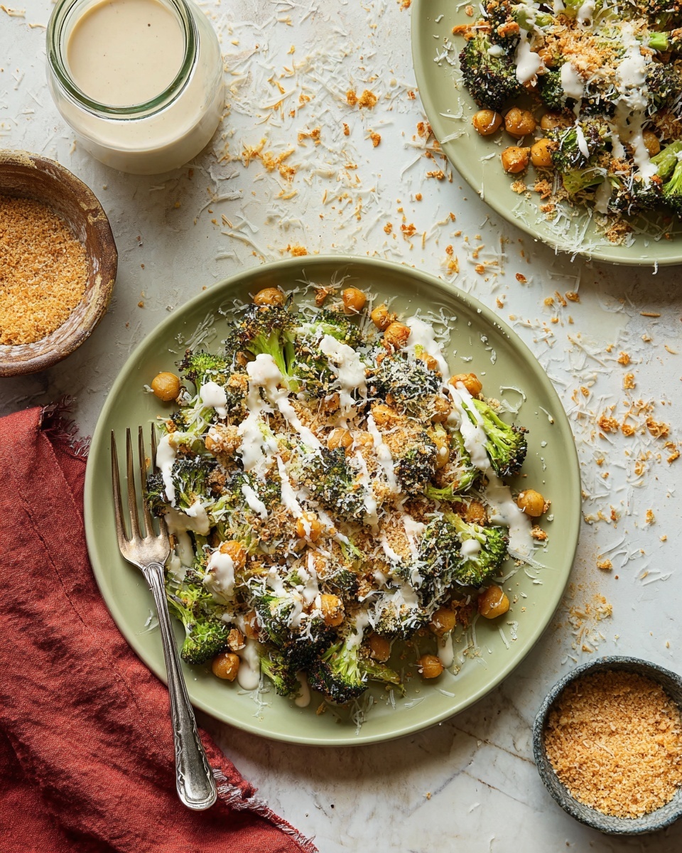 The dish shows a white oval plate filled with a mix of roasted broccoli florets and golden chickpeas, topped with light brown breadcrumbs and thin white cheese shreds. Drizzled over the top is a creamy, pale sauce in uneven lines. The broccoli is bright green with slightly charred edges, and the chickpeas are round and golden. A rustic wooden spoon rests on the plate's edge with some broccoli and chickpeas on it. Surrounding the plate are small white bowls with lemon wedges, breadcrumbs, and grated cheese, all placed on a white marbled surface with a soft red cloth nearby. The photo taken with an iphone --ar 4:5 --v 7
