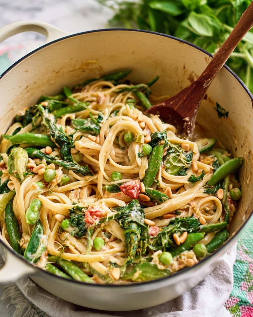Long thin yellow pasta noodles mixed with green peas, light green snow peas, and small pieces of bright orange carrot are lifted by two wooden spoons. The noodles are creamy and coated with light white sauce mixed with bits of herbs, giving the pasta a smooth and fresh texture. The background is a white marbled surface. photo taken with an iphone --ar 4:5 --v 7
