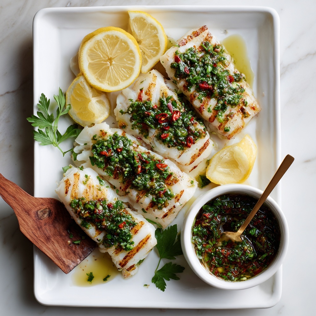 A white rectangular plate shows four pieces of grilled white fish, each with light brown grill marks and white inside. On top of each piece, there is a drizzle of green herb sauce with small red chili flakes and fresh green parsley leaves. Lemon wedges are placed at three corners and one near the middle. On the right side of the plate, there's a small white bowl filled with dark green herb sauce with red chili bits, and a gold spoon is resting inside it. A wooden spatula is lifting one piece from the bottom left corner. The plate sits on a white marbled surface with some light shadow. Photo taken with an iphone --ar 4:5 --v 7