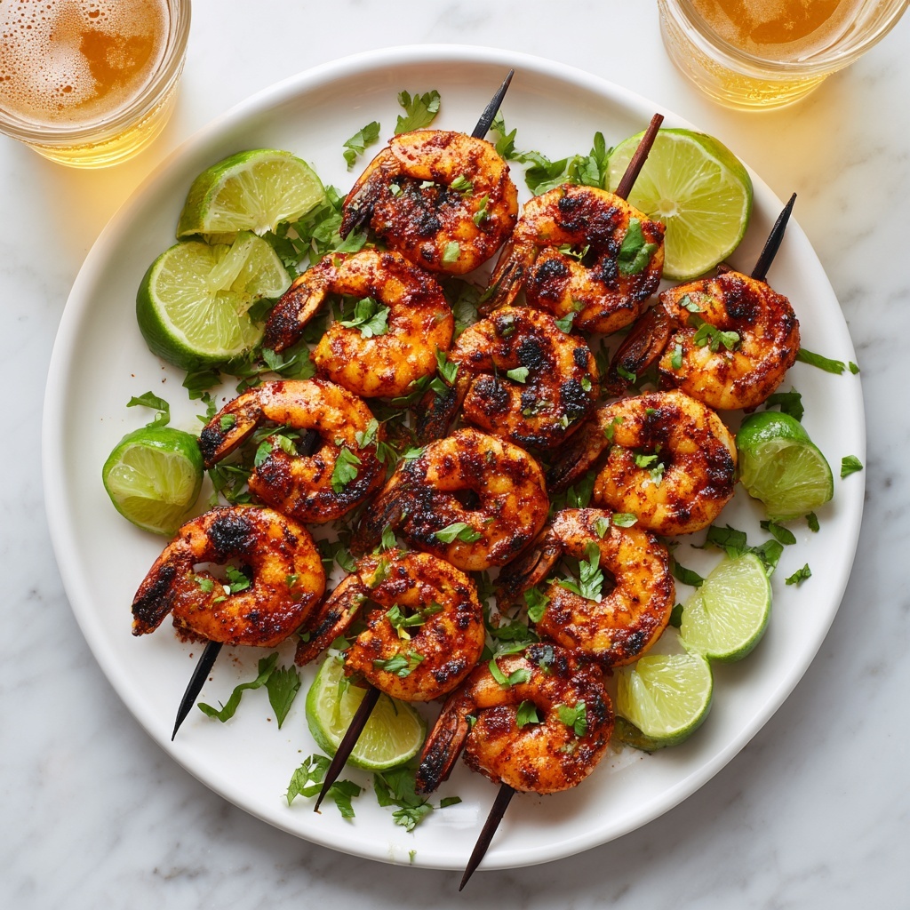 A white plate filled with multiple skewers of grilled shrimp, each shrimp showing a rich orange color with charred black grill marks. The shrimp are bunched closely together on wooden skewers, creating a layered texture of slightly curled shapes. Bright green lime wedges are placed sporadically between the shrimp, adding pops of color. The plate rests on a white marbled surface, enhancing the vivid colors of the shrimp and lime. photo taken with an iphone --ar 4:5 --v 7