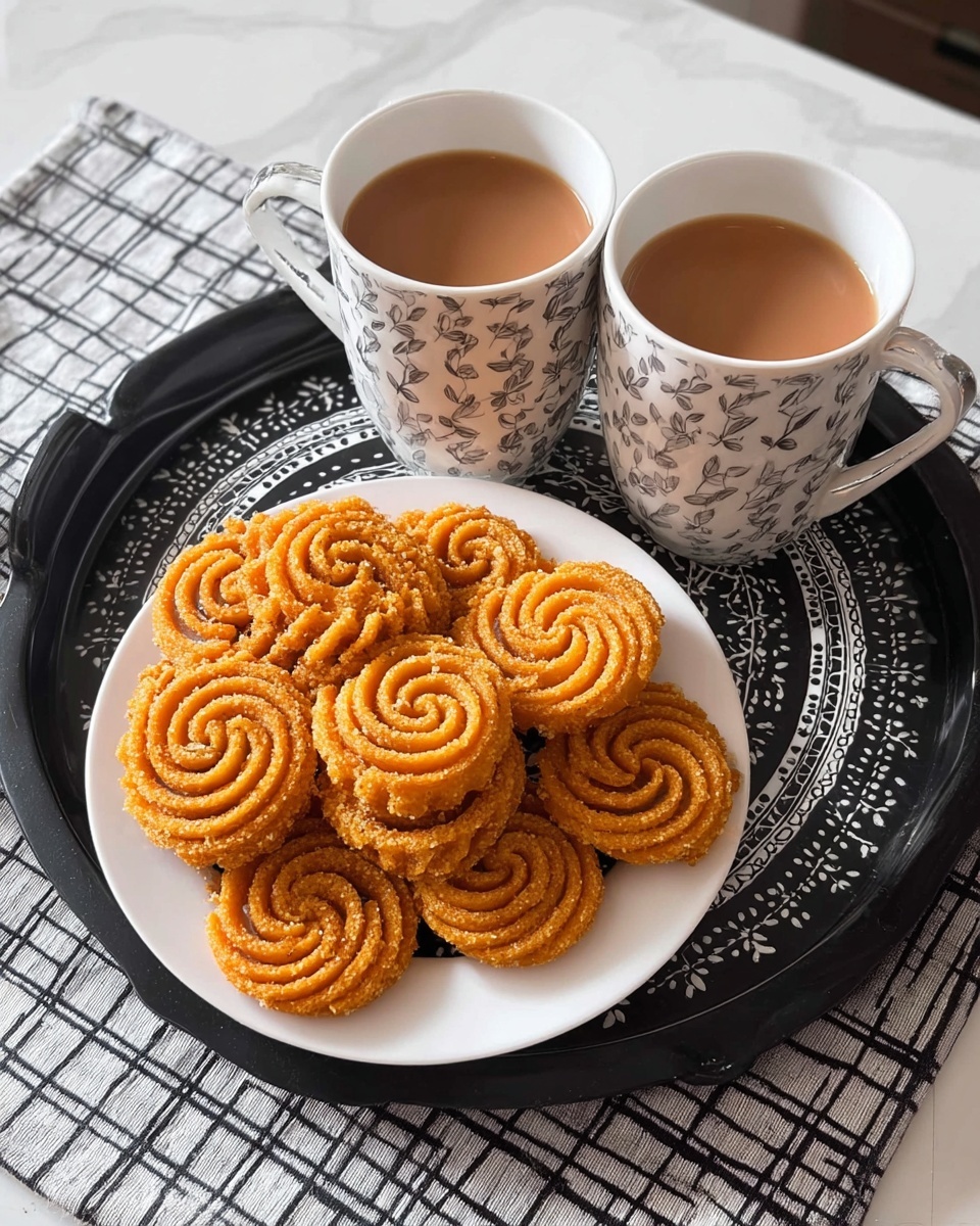 A white round plate holds a pile of golden-brown spiral-shaped snacks with a rough texture, arranged in overlapping circles. The plate is placed on a black tray with a white patterned design beneath it. On the tray, there are also two white mugs with gray leaf patterns, filled with light brown tea, sitting side by side. The tray is set on a white marbled surface with a cloth underneath that has a black grid pattern. Photo taken with an iphone --ar 4:5 --v 7