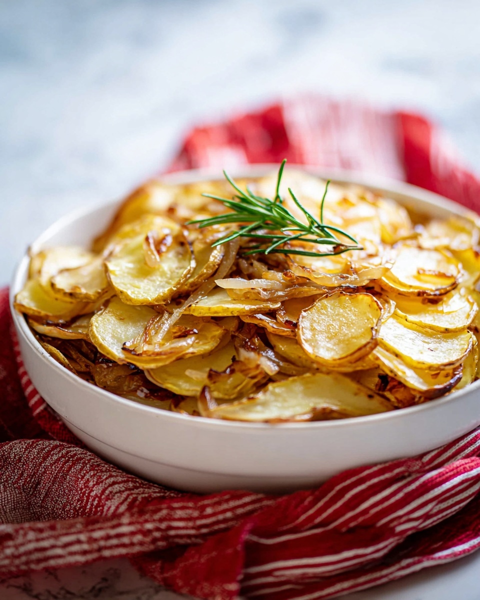 A baking tray is lined with white parchment paper holding a single layer of thinly sliced roasted potatoes with some browned edges and small sprigs of rosemary mixed in, showing a light golden to brown color and a slightly crispy texture. A metal spatula with a wooden handle is lifting a small pile of the potato slices from the bottom right corner of the tray. The overall scene has a soft, natural light on a white marbled surface. Photo taken with an iphone --ar 4:5 --v 7