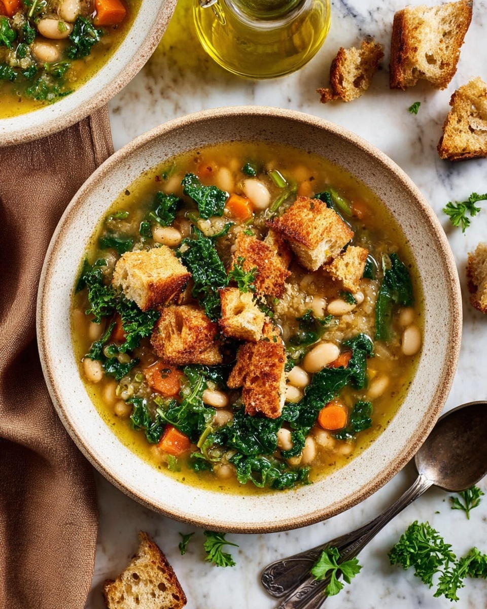 A white pot filled with a soup that has a yellow-green broth base. The soup contains white beans, bright orange small carrot pieces, and dark green leafy kale floating throughout. A silver ladle with long handles is dipped into the soup at the center, lifting a mix of the beans and kale. On the wooden table behind the pot, there is a brown plate with torn pieces of toasted bread. Below the pot, a soft orange cloth is partly visible next to a white plate with a brown rim. The whole scene is set on a white marbled surface photo taken with an iphone --ar 4:5 --v 7