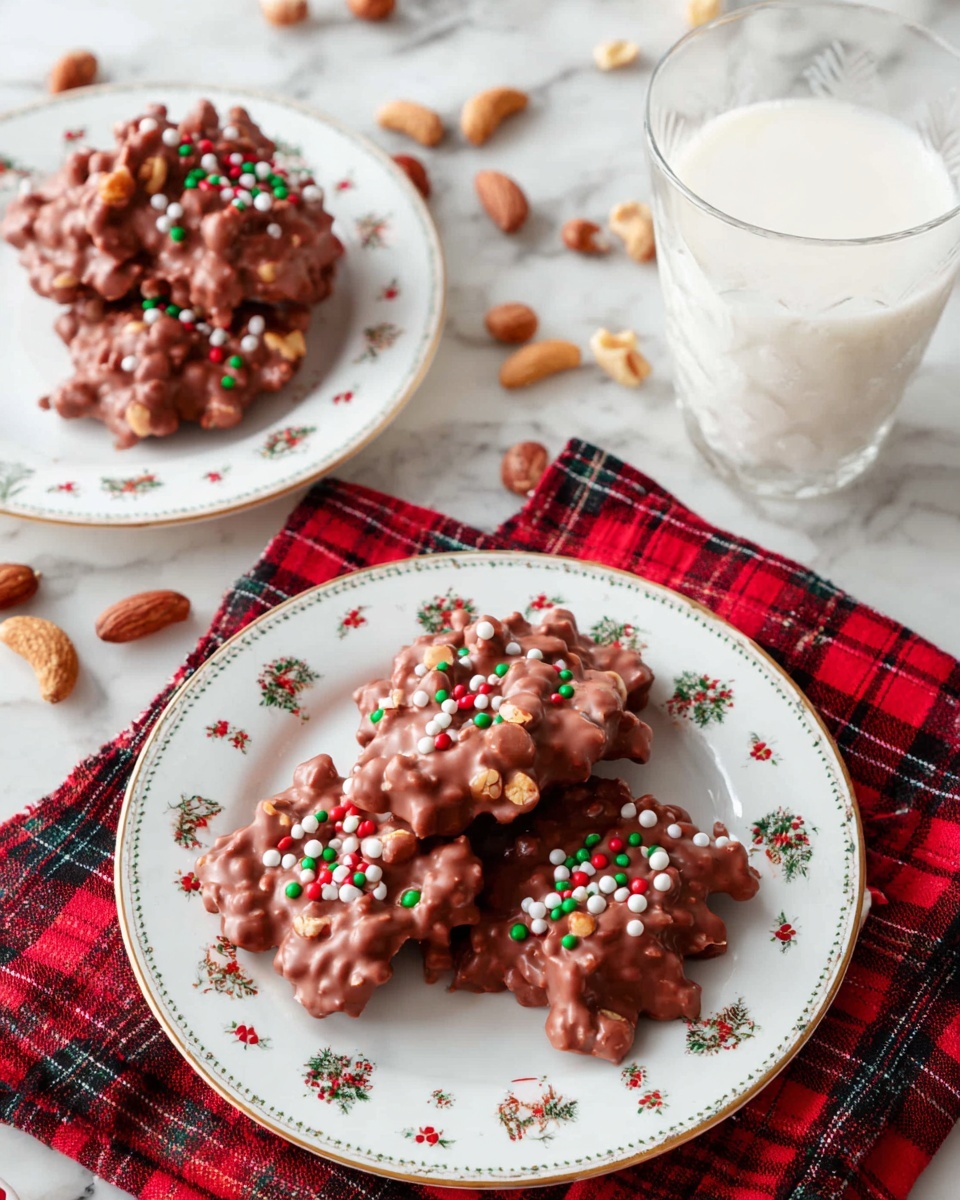 The image shows several uneven clusters of milk chocolate mixed with whole peanuts, forming rough, chunky shapes. The cluster in the center is broken in half to show the creamy brown chocolate inside with large light tan peanuts embedded deeply, giving a mix of smooth and nutty texture. The chocolate clusters are decorated with small round sprinkles in red, white, and green scattered on top, adding bright pops of color. These clusters are arranged on a flat white marbled surface with some peanut pieces scattered around softly in the background. Photo taken with an iphone --ar 4:5 --v 7