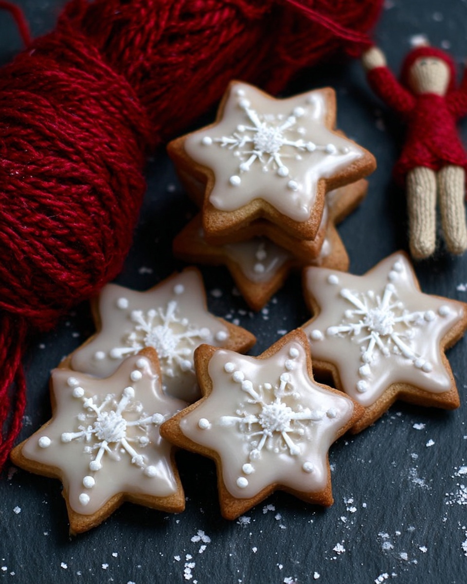 Five star-shaped cookies with a light brown base are covered with a smooth white icing layer. Each cookie has a white snowflake decoration in the middle. The cookies are placed on a dark surface with a red yarn doll nearby, adding a cozy holiday feel. The cookies vary in size, with one cookie stacked on top of another in the center of the image. photo taken with an iphone --ar 4:5 --v 7