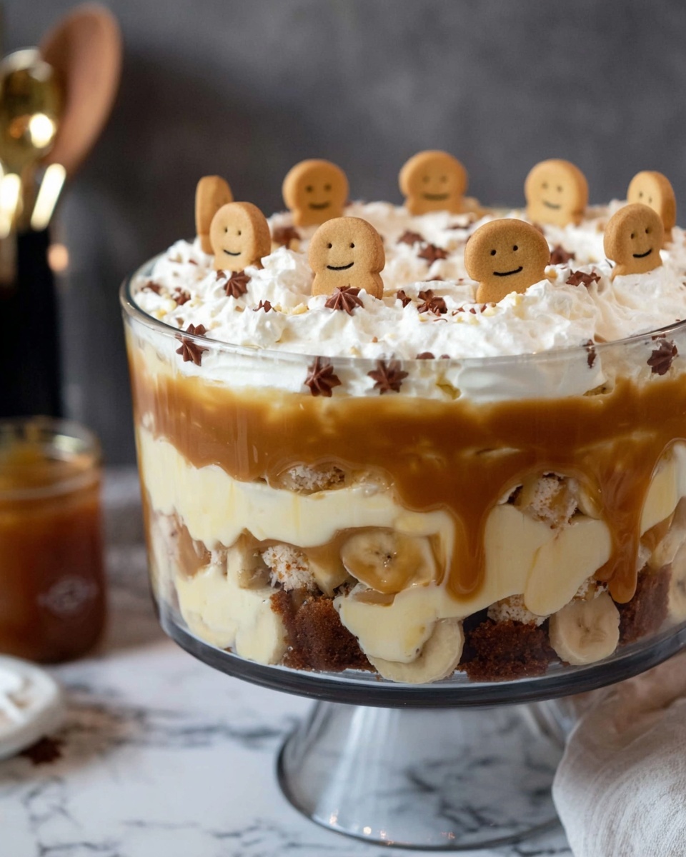 The image shows a clear glass trifle bowl filled with a layered dessert. The bottom layer is a dark brown crumbly base. Above that, there is a creamy light brown layer mixed with caramel sauce. The next layer is thick and white, fluffy cream that covers the top and spills slightly on the sides. The cream is decorated with multiple small gingerbread man cookies standing upright and small brown star-shaped sprinkles scattered around. Near the bowl, there is a white marbled surface with gold measuring spoons and glittery gold and silver round ornaments around the dessert. A black bowl in front contains a serving of the layered dessert with visible cream, caramel, and a gingerbread cookie on top. photo taken with an iphone --ar 4:5 --v 7