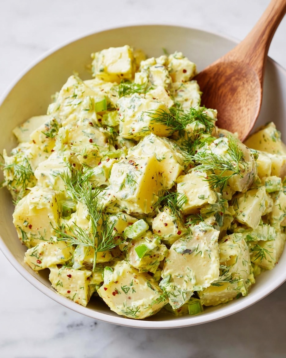 A white bowl filled with chunky potato salad, showing about two main layers: the bottom layer is made of cubed potatoes in a creamy yellow dressing mixed with small pieces of green herbs and celery. On top, scattered fresh green dill sprigs add texture and color. A wooden spoon with a smooth handle rests inside the bowl, partially covered with the salad, sitting on a white marbled surface. The potato pieces have a soft, smooth texture, and the dressing has tiny pepper flakes visible throughout the salad. photo taken with an iphone --ar 4:5 --v 7