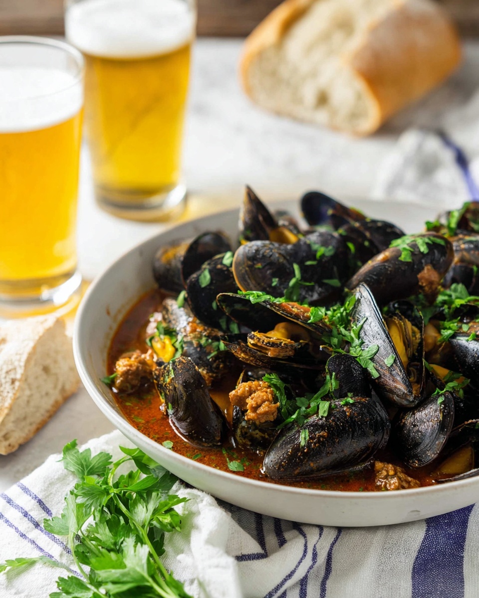 A large light gray plate is centered on a white marbled surface, filled with dark blue-black mussels open to reveal their orange flesh, mixed with pieces of reddish sausage and fresh green herbs sprinkled on top. A silver spoon with a wooden handle rests on the plate. To the left, two pieces of toasted white bread with a golden crust lean against the plate. Above the plate, a brown bottle with a dark neck stands upright. To the upper right, a white bowl with bright green spinach leaves and thin purple onion slices is slightly visible. On the lower right edge, a white bowl showing a few empty mussel shells remains. In the top left corner, a small green bowl holds coarse salt and black pepper. The whole setup is on a white marbled tabletop. photo taken with an iphone --ar 4:5 --v 7