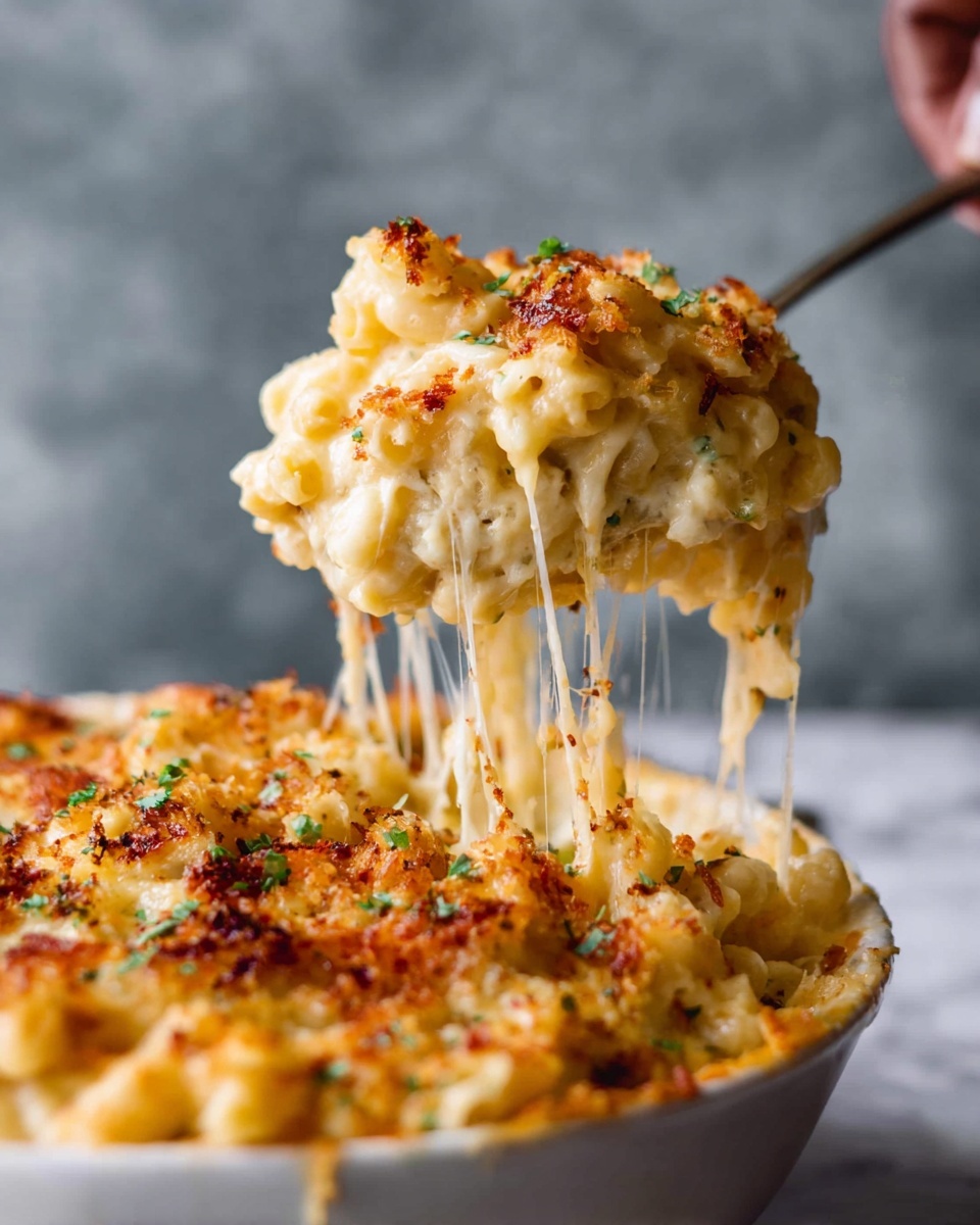 A close-up view of a large, creamy scoop of baked macaroni and cheese being lifted from a white bowl by a woman's hand, showing long stretchy cheese strands connecting the scoop to the dish below. The macaroni is coated in rich melted cheese with golden brown crispy bits on top, sprinkled with small green herb pieces. The background is a soft, blurred gray, and the bowl sits on a white marbled surface. Photo taken with an iphone --ar 4:5 --v 7