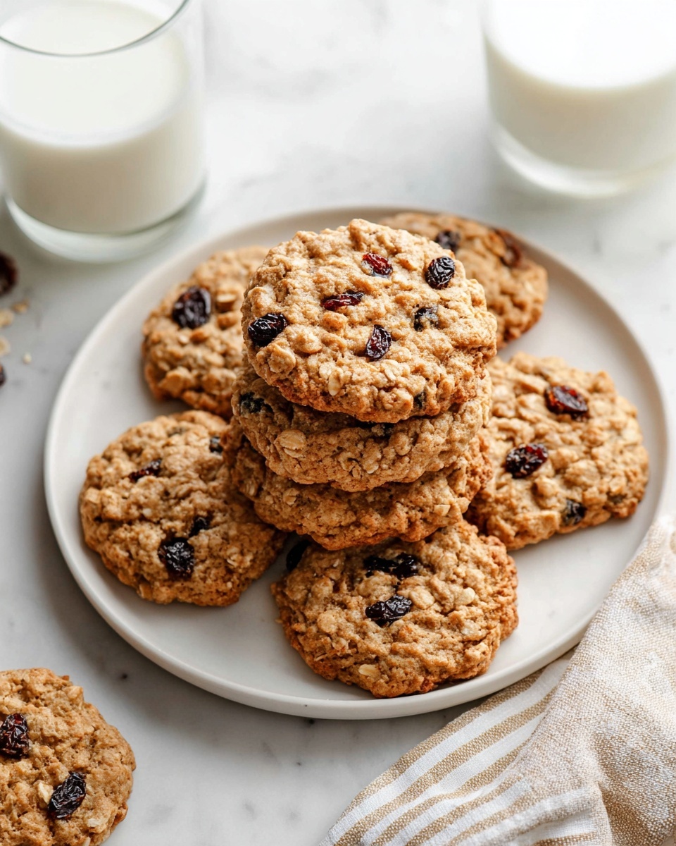 A white plate filled with a pile of oatmeal raisin cookies, each cookie showing a rough, textured surface with visible oats and dark raisins scattered throughout. The cookies have a warm golden-brown color, appearing soft but firm, layered unevenly on top of each other in the center of the plate. Around the main plate, there are smaller white plates each holding one or two cookies, and glasses filled with white milk placed on a white marbled surface. A striped cloth napkin is partly visible on the lower left side. The scene is brightly lit, making the colors warm and inviting. photo taken with an iphone --ar 4:5 --v 7