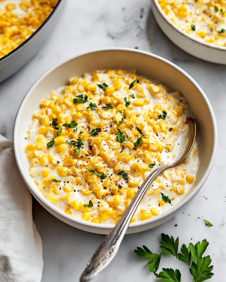 A close-up view of a white bowl filled with creamy corn, showing three layers: a base of bright yellow corn kernels, a thick layer of creamy white sauce covering the corn, and small green parsley leaves scattered on top, sprinkled with black pepper, all mixed together with a silver spoon resting inside the bowl. The bowl sits on a white marbled surface, with a few green parsley leaves placed casually nearby, and part of a white cloth napkin visible on the side, next to another bowl and pan also filled with the creamy corn dish, photo taken with an iphone --ar 4:5 --v 7