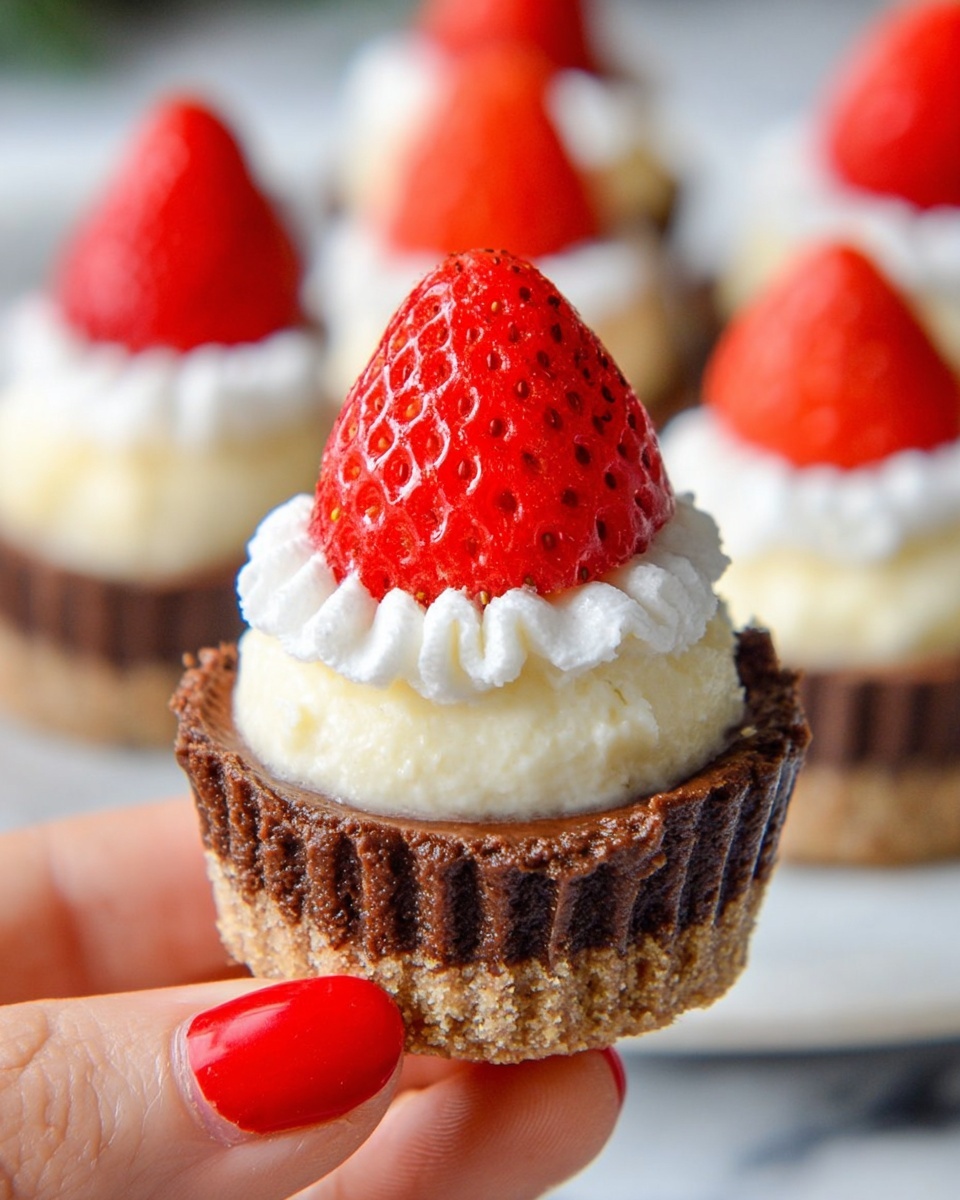 A small dessert held by a woman's hand shows three clear layers: the bottom layer is a light golden biscuit crust with a crumbly texture, the middle layer is a thick, dark brown chocolate filling with a smooth but slightly ridged surface, and the top layer is a dollop of white cream on which a bright red halved strawberry sits upright, the strawberry showing detailed seeds and a small swirl of cream on its tip. The background has more similar desserts slightly blurred on a white marbled surface. Photo taken with an iphone --ar 4:5 --v 7