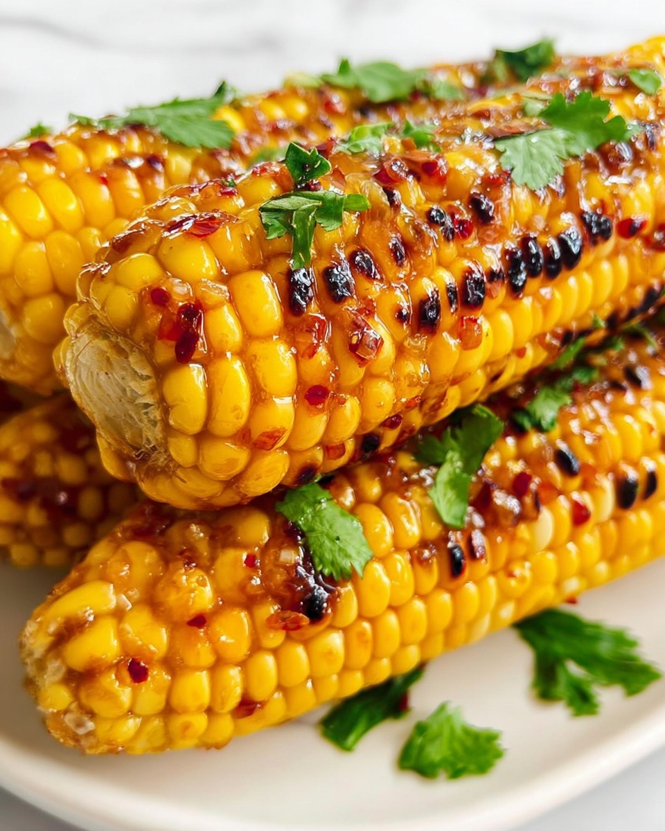 The image shows three grilled yellow corn cobs stacked closely on a white plate, each kernel shiny and coated with a sticky golden sauce that has bits of red chili and minced garlic. The corn has char marks adding a dark brown texture in spots. Fresh green cilantro leaves are scattered over the corn, adding bright green color contrast. The white plate rests on a white marbled surface that is clean and smooth. photo taken with an iphone --ar 4:5 --v 7