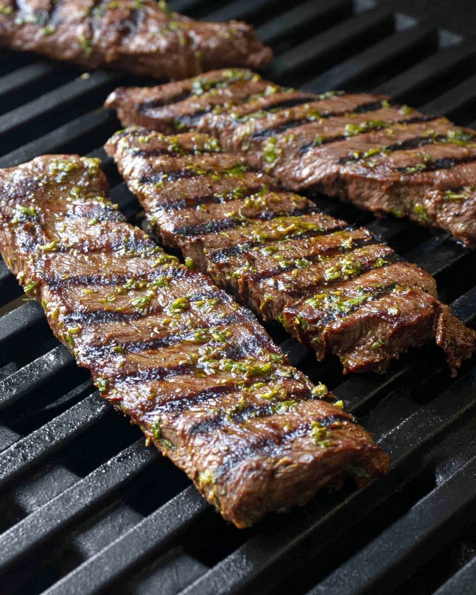 The image shows three pieces of grilled steak on a dark grill rack. Each steak has distinct grill marks, with a shiny surface indicating moisture and seasoning, including visible green herb specks. The steaks are long and flat, with a textured surface that looks tender and cooked evenly. The background is a close-up of the grill, showing the black metal bars with a slightly oily sheen. Photo taken with an iphone --ar 4:5 --v 7