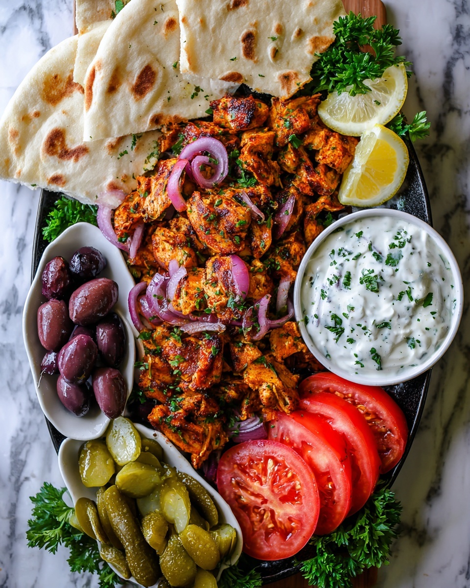 A white oval plate on a white marbled surface holds multiple food items arranged in sections. The center has a black plate piled high with grilled orange-brown chicken strips mixed with pieces of cooked red onion and sprinkled with green herbs. Surrounding this are separate white oval dishes with dark purple and black olives on one side and light green pickles on the other. Several thick slices of bright red tomato are placed near the bottom and upper side of the plate. On the top left, folded light beige flatbreads rest against the plate. To the top right is a small white bowl filled with thick white sauce speckled with green herbs, next to two lemon wedges. Green parsley leaves decorate the plate edges. photo taken with an iphone --ar 4:5 --v 7
