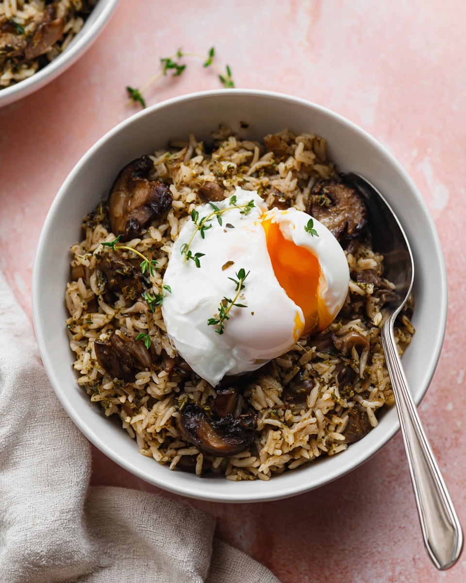 A white bowl filled with a layer of cooked brown rice mixed with sliced mushrooms and small green herb leaves, creating a textured, earthy brown and green base. On top, there is a single poached egg with soft, white, slightly wrinkled edges and a runny bright orange yolk beginning to spill out, sprinkled with black pepper and small herb leaves. A silver fork is placed on the right inside the bowl, resting against the food. The bowl is set on a white marbled surface, with a light gray cloth napkin partially visible nearby. Photo taken with an iphone --ar 4:5 --v 7
